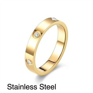 Gold Stainless Steel Band Ring with Zircon Accents Size 7